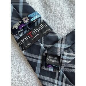 Montebello Italia Navy Blue Plaid Check Tartan Long	100% Silk	Tie Necktie 60"